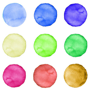 水彩画集圈柔和的颜色。艺术设计的插图。圆的污渍，孤立在白色的斑点