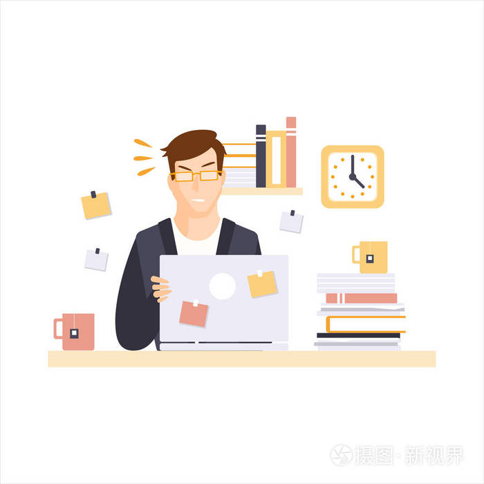 生气的人上班族在办公室隔间有他日常的常规情况卡通人物