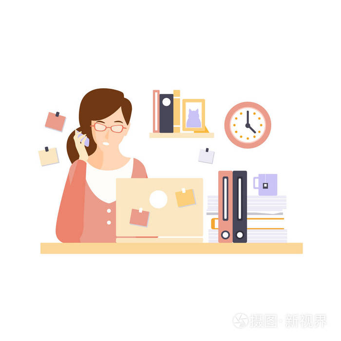 忙碌的女人上班族在办公室隔间有她日常的常规情况卡通人物
