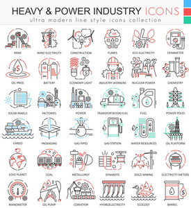 矢量重和电力行业彩色线大纲图标为应用程序和网站设计。重型电力行业图标