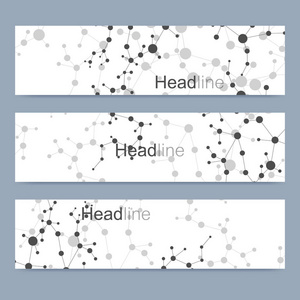现代向量横幅的科学设置。Dna 分子的结构与连接的线和点。科学向量背景。医疗 技术，化学设计
