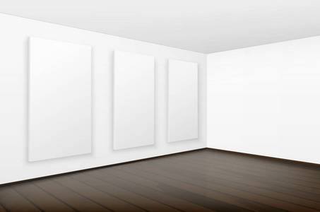 棕色木地板在画廊的墙上向量空空白白色海报图片框架