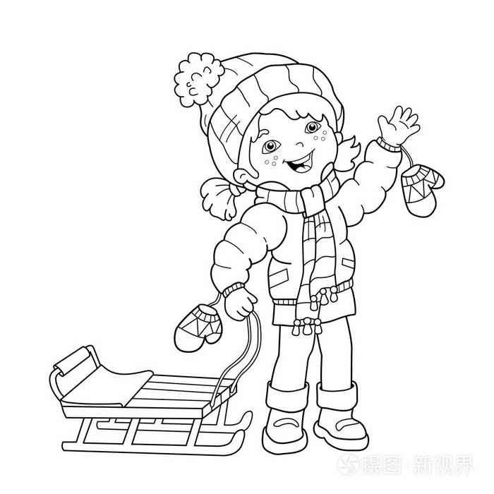 着色页大纲的卡通女孩与雪橇.冬天.孩子们的图画书