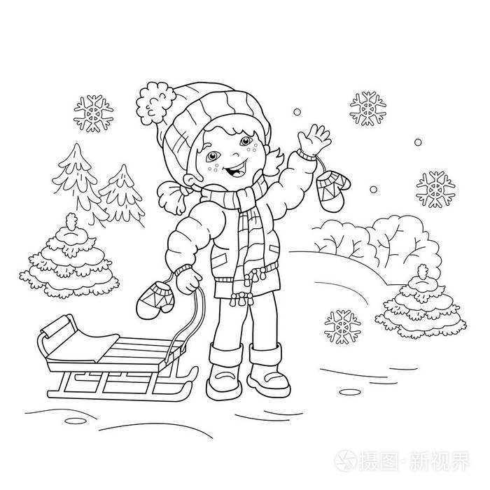 着色页大纲的卡通女孩与雪橇.冬天.孩子们的图画书