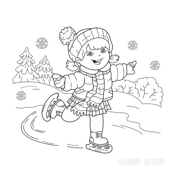 着色页大纲的卡通女孩滑冰冬季运动项目孩子们的图画书