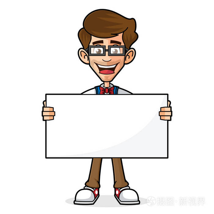 书呆子家伙举空白牌子