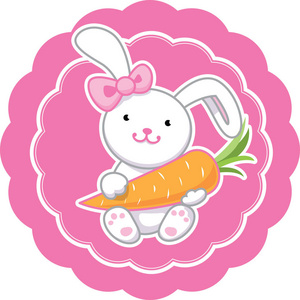 迷人的卡通兔子女孩与一个粉红色的蝴蝶结和胡萝卜