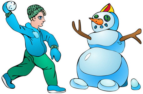 男孩用雪球和雪人与胡萝卜
