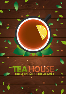 茶屋。一杯加柠檬的茶。木制的背景。矢量图