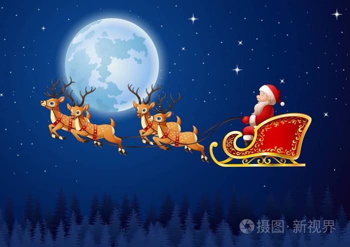 圣诞老人乘坐驯鹿雪橇在天空飞翔