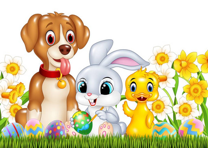 卡通有趣的动物和在绿色草地上的复活节彩蛋