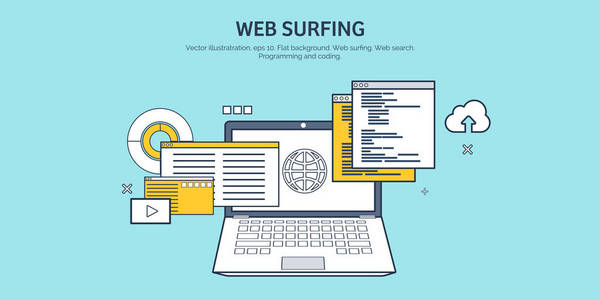 矢量图。平坦的背景。编码,编程。Seo。搜索引擎的优化。应用程序开发、 创造。软件,程序代码。网站设计照片