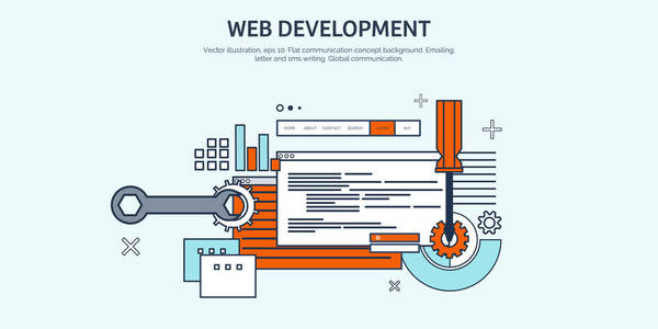 矢量图。平坦的背景。编码，编程。Seo。搜索引擎的优化。应用程序开发 创造。软件，程序代码。网站设计