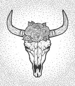 牛头骨与玫瑰美国本地人部落风格。纹身 blackwork。矢量手绘制的插图。波西米亚风