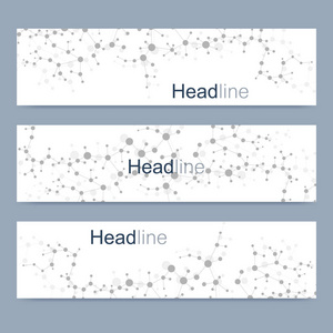 现代向量横幅的科学设置。Dna 分子的结构与连接的线和点。科学向量背景。医疗 技术，化学设计