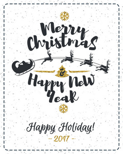 圣诞贺卡祝贺圣诞快乐圣诞快乐新年和金色亮片影响枞树和假期背景上的雪花。圣诞老人驾驶雪橇和鹿。矢量图
