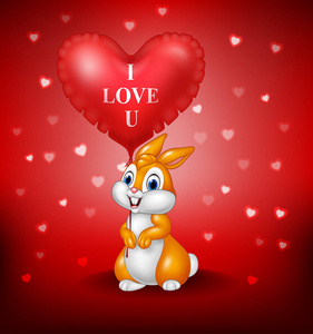 卡通兔子抱着红色心形气球