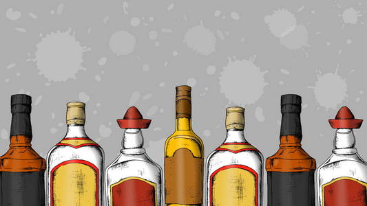 酒精集 威士忌 杜松子酒，龙舌兰酒 朗姆酒。素描风格复古插画