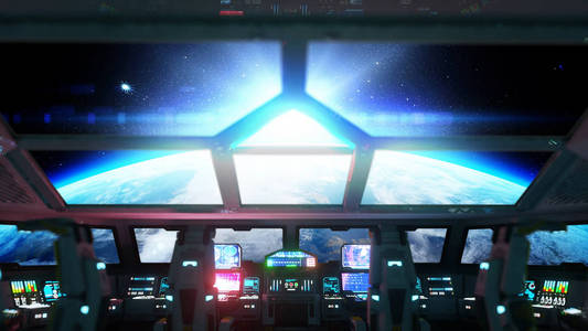 太空飞船未来的室内。箱体内视图。银河旅游概念。3d 渲染