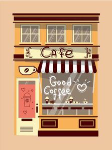 快餐咖啡馆详细门面背景在平面样式，与大咖啡杯子贴纸
