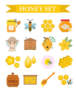 平，蜂蜜图标集卡通风格。养蜂的孤立的白色背景上的对象的集合。蜂业套件设计元素。矢量图