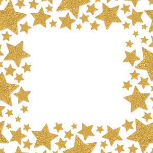 框架与闪耀的星星。金色亮片框架的明星。黄色五彩纸屑