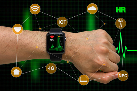 智能手表监测心率应用概念与心脏跳动心动图