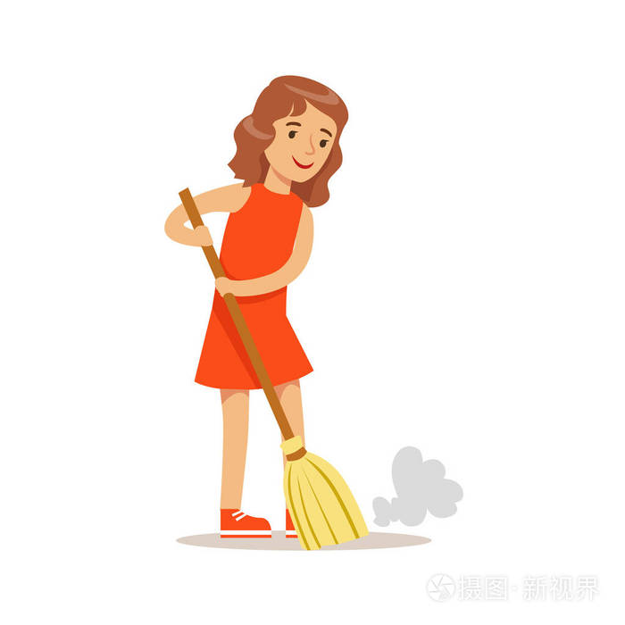 女孩用微笑卡通孩子帮助家务和做房子清理扫帚扫地
