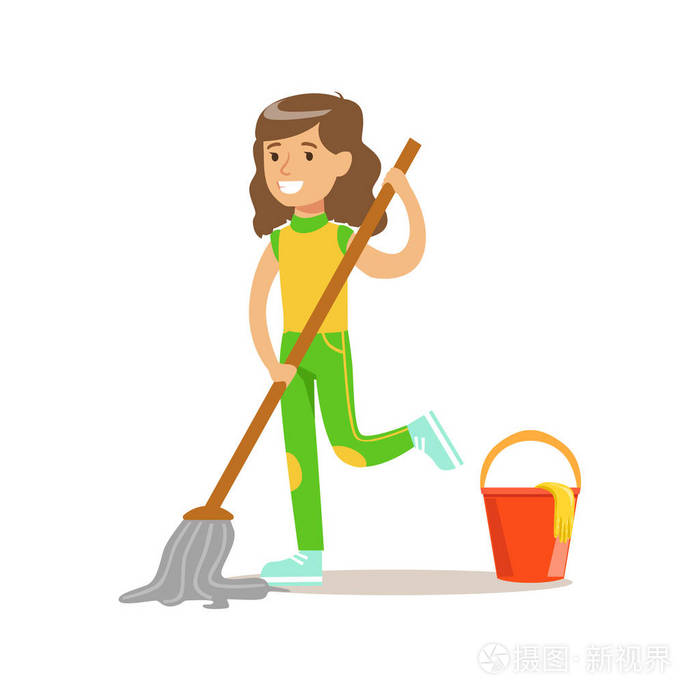 洗地板用拖把和水微笑帮助家务和做房子清理的卡通小孩性格的女孩