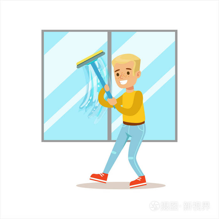 洗涤用刮刀微笑卡通孩子帮助家务和做房子清理窗户的男孩