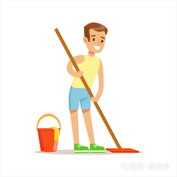 清洗用拖把微笑卡通孩子帮助家务和做房子清理地板的男孩