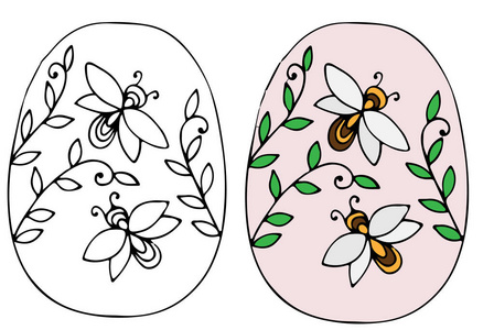 手画的彩蛋与叶子和蜜蜂