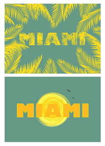与迈阿密棕榈叶与太阳刻字的黄色 t 恤打印。