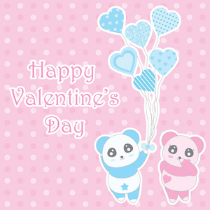 情人节那天插图与可爱的男孩和女孩熊猫带气球上圆点背景