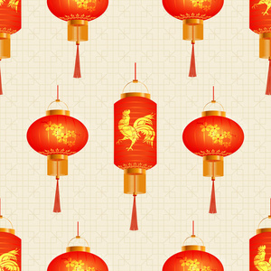 橙色的中国灯笼一套。樱花和金色的公鸡。圆和圆的形状。无缝背景纹理。插图