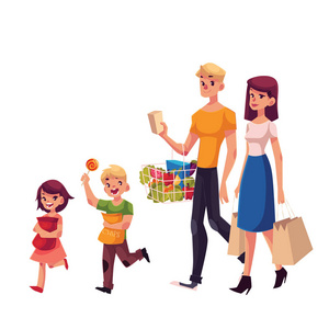 家庭的父亲 母亲 女儿和儿子一起去购物