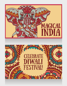灯节印度大象与美丽装饰卡
