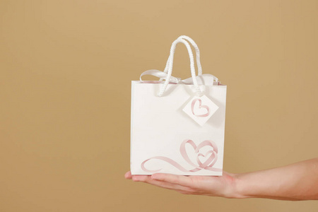 张空白的纸礼品袋用模拟了手拿的心