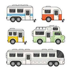 商队露营拖车套白色背景上。矢量