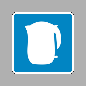 电热水壶的标志。关于为背景的蓝色标志的白色图标