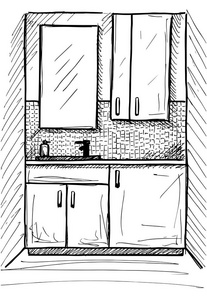 Drukowaniehand 的素描画。线性素描的内政。浴室里的一部分。矢量图