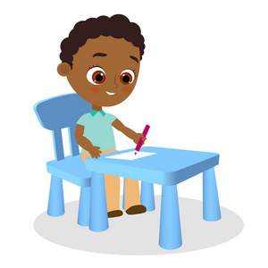年轻的非洲裔美国男孩涂料坐在一张课桌。矢量图 eps 10。平的卡通风格