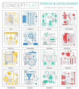 信息图表迷你概念启动和发展的网站图标。保费质量设计 web 图形图标元素。创业概念