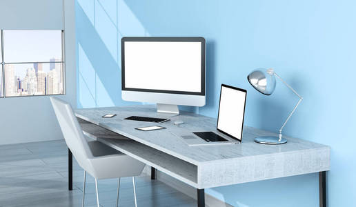 现代桌面室内与空白屏幕设备 3d 渲染