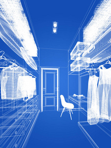 室内的步入式衣橱，3d 渲染的一个抽象的剪影设计