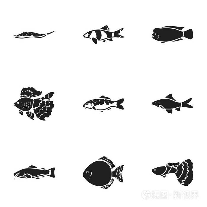 观赏鱼在黑色风格中设置图标水族馆的鱼大集合矢量符号股票图
