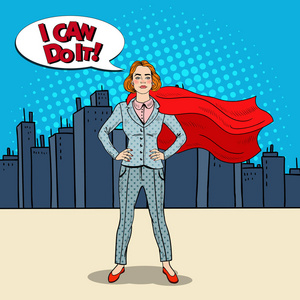 波普艺术信心十足的商业女人超级英雄穿着红色披肩。矢量图