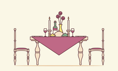 浪漫的约会。蜡烛跟同桌吃饭。平线艺术风格矢量图