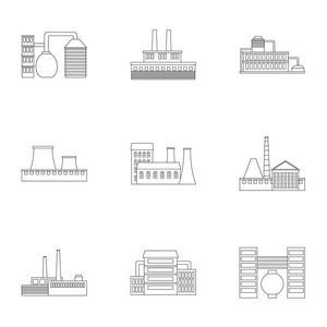 工厂在大纲样式中设置图标。工厂矢量符号股票图大集合