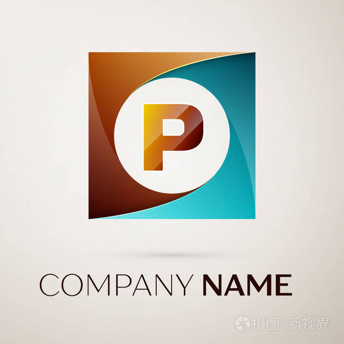 字母 P 矢量标志符号在彩色正方形在灰色的背